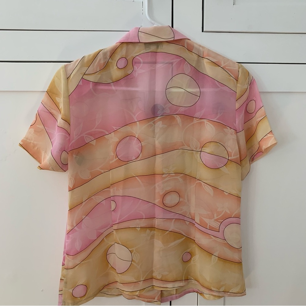 Tung Tai Pink/Yellow Sheer Button Up Collar Shirt Size Medium - Picture 6 of 7